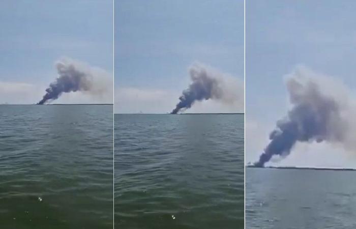 Russian military ship on fire in the port of Sevastopol