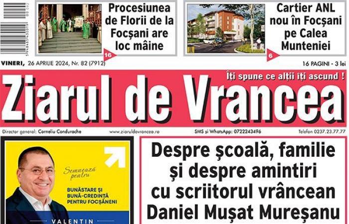 Front page of the printed edition of the Vrancea Newspaper from Friday-Saturday-Sunday April 26-27-28, 2024