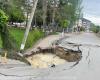 Collapsed street in Prahova. The crater was filled